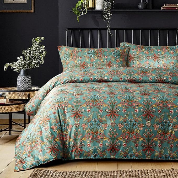 LifeTB Queen Comforter Set Vintage Floral Boho Comforter for Queen Bed Aesthetic Floral Bedding Comforter with 2 Pillowcases Flower Leaves Boho Bedding Sets Farmhouse Botanical Flower Comforter Set
