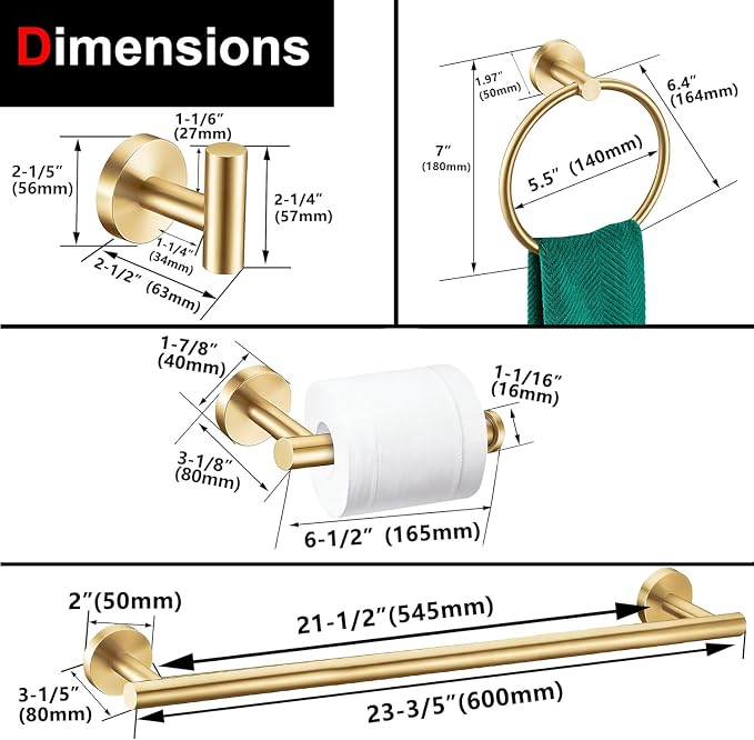 5 Pieces Brushed Gold Bathroom Hardware Accessories Set, SUS304 Stainless Steel 24 Inch Bath Towel Bar Set, Round Bathroom Towel Holder Set, Towel Racks for Bathroom Wall Mounted
