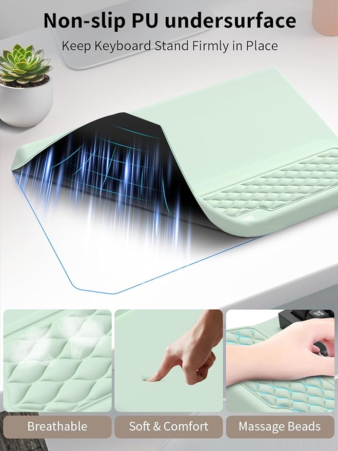 3-in-1 Ergonomic Keyboard Stand with Wrist Rest & Mouse Pad Set, Comfy Keyboard Riser Holder Soft Mousepad with Massage Design, Memory Foam and Non-Slip PU Base for Pain Relief, Light Green