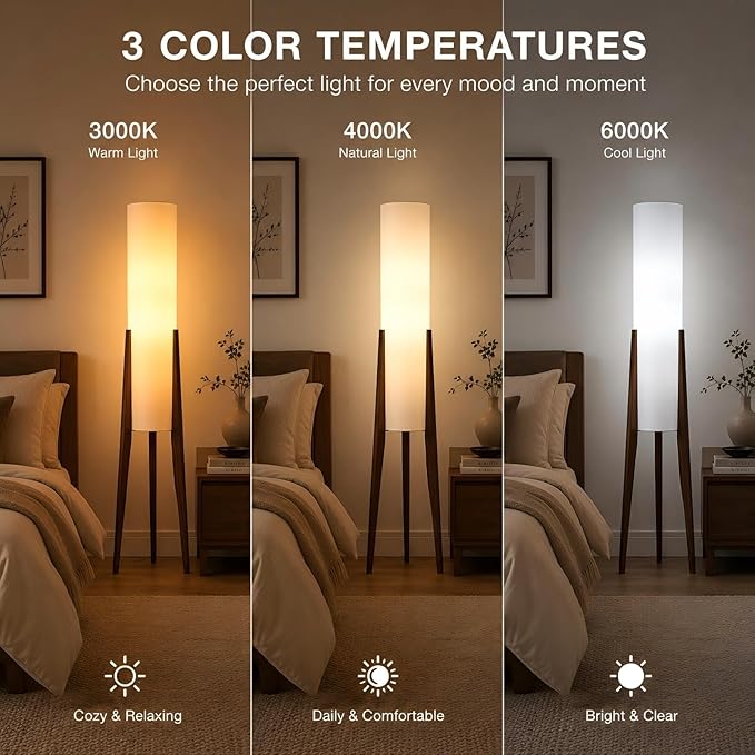 Bofea-Farmhouse Floor Lamp for Living Room & Bedroom,Walnut Wood Vintage Standings Lamp with Foot Switch, 3 Color White Fabric Tall Lamp,Decorative Tower Shade Lamp for Hotel Cafe Study