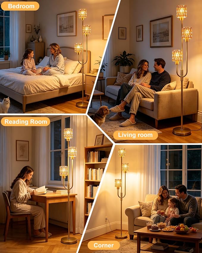 66IN Glass Floor Lamp 3-Lights Modern Gold Dimmable Floor Lamps with 3000K Warm White Bulbs for Wedding Party Modern Standing Tall Lamp with Amber Glass Shade for Living Room/Bedroom/Home Decor