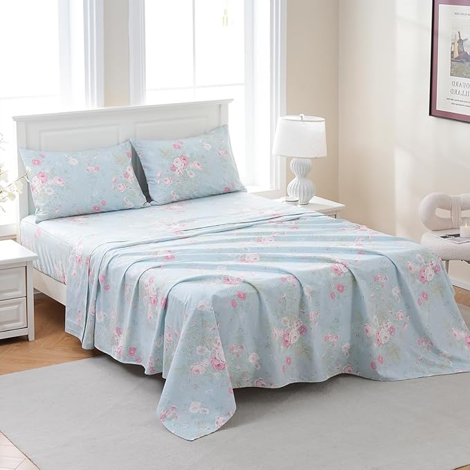 Zusbest Blue Floral Sheets Set King Size 100% Cotton Pink Flowers Bed Sheet Shabby Vintage Chic Bedding Romantic Pastoral Style Original Design Soft Luxury Deep Pocket Fitted Sheet 17.5'', 4 Pcs