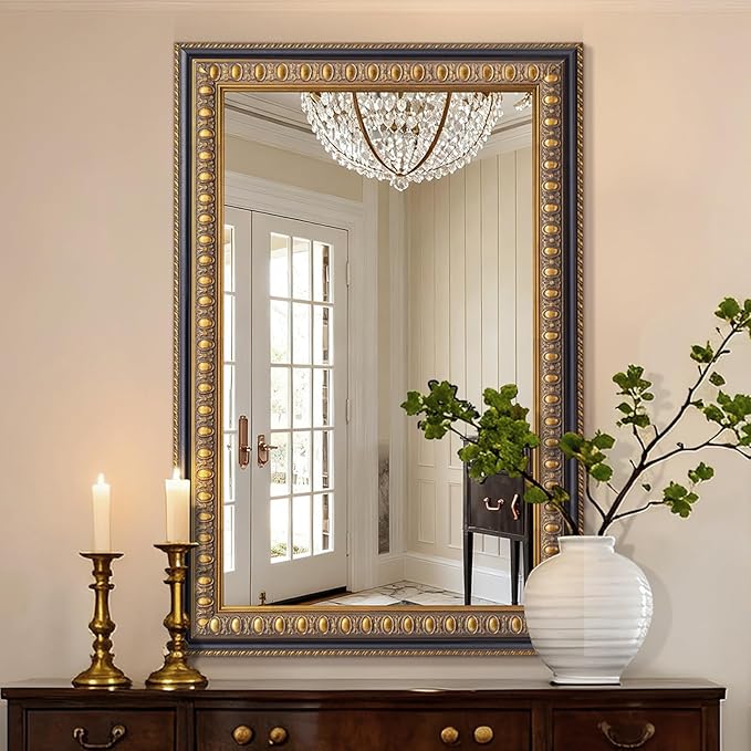 Vintage Mirror for Wall, 36" L x 24" W Baroque Mirror with Carved Wood Frame and Handmade Aged Gold Finish, Horizontal/Vertical Hanging, Rectangular Mirrors for Living Room Bathroom Fireplace