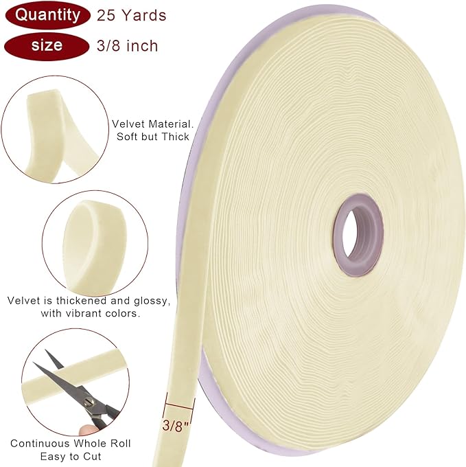 25 Yards Cream Velvet Ribbon 3/8 Inch for Christmas Tree,Ivory Velvet Christmas Ribbon for Gift Wrapping Crafts Bow Wreath Holiday Decorations (Cream)
