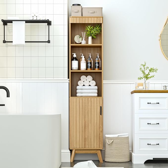 Bifins 68" Tall Bathroom Storage Cabinet,Narrow Fluted Tower Cabinet with Door and Shelves,Slim Space Saving Storage Unit for Bathroom Kitchen Living Room (Natural, 11.8" D x 15.75" W x 68" H)
