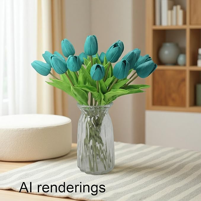 Artificial Flowers 10 Heads Mini Real Touch Artificial Tulip for Home Wedding Party Centerpiece Decoration (Dark Teal)