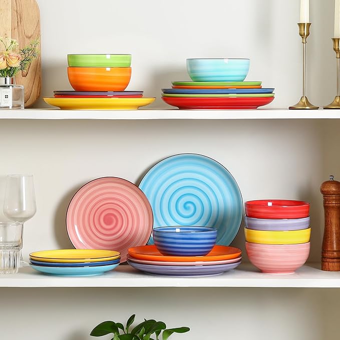 Selamica Ceramic Plates and Bowls Sets,24 Pieces Dinnerware Sets for 8,Scratch Resistant Dish Set for holiday gathering,Dishwasher & Microwave Safe, Dopamine colors
