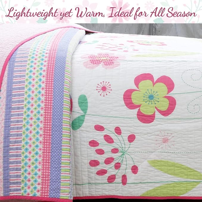 Cozy Line Home Fashions Pink Lavender Green Floral Print Girl 100% Cotton Reversible Quilt Bedding Set, Coverlet, Bedspread (Blossom, Queen - 6 Piece)