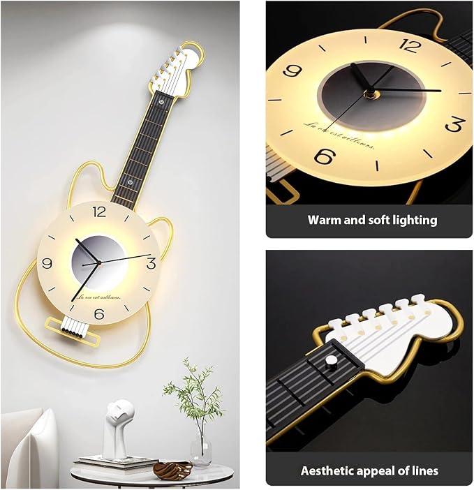 Modern Wall Clock for Living Room, Guitar Wall Clock with Adjustable Light, Great Decor for Music Room, Bedroom