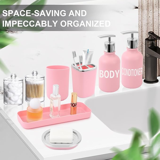 XLHOMO Pink Bathroom Accessories Set - 10 Piece Bathroom Set with Trash Can and Toilet Brush, Soap Dispenser, Toothbrush Holder and Cup, Soap Dish, and Qtip Holder, for Housewarming Gift