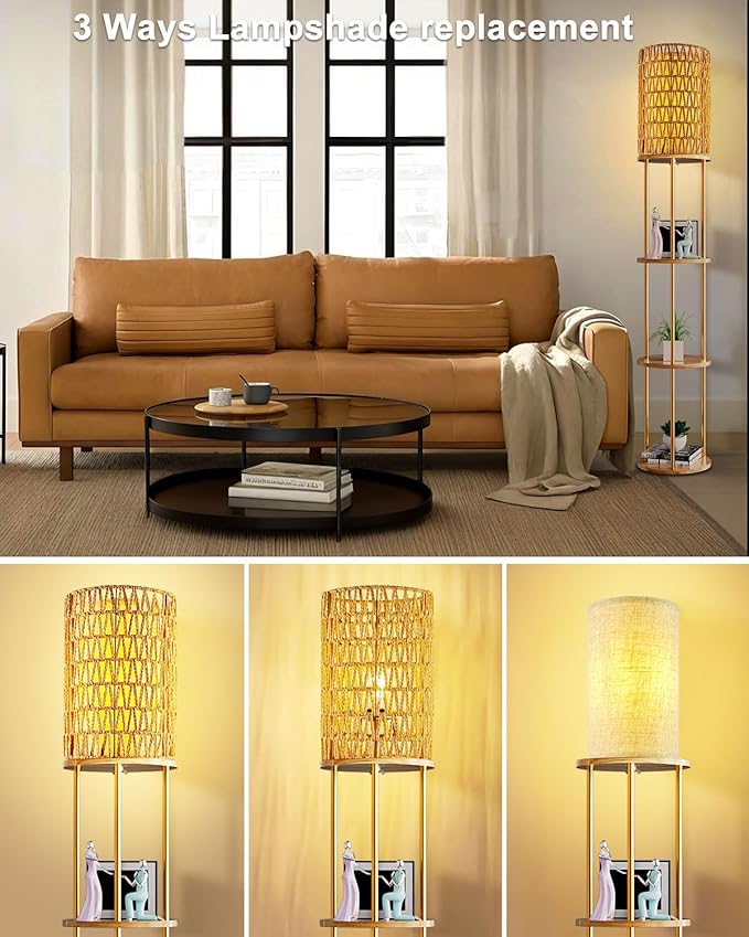 Lightdot 61" Rattan Floor Lamp with Shelves, 3-Tier Storage Shelves with 3000K Bulb Included, Solid Wood Design, Corner Bookshelf Floor Lamps for Living Room/Sofa Beside/Corner Decor-Gold