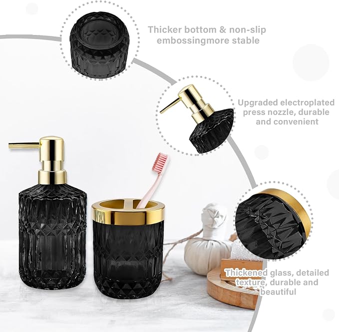 2Pcs Black Bathroom Accessories Set, Glass Bathroom Accessories, Vintage Bathroom Countertop Decoration Includes Soap Dispenser, Toothbrush Holder