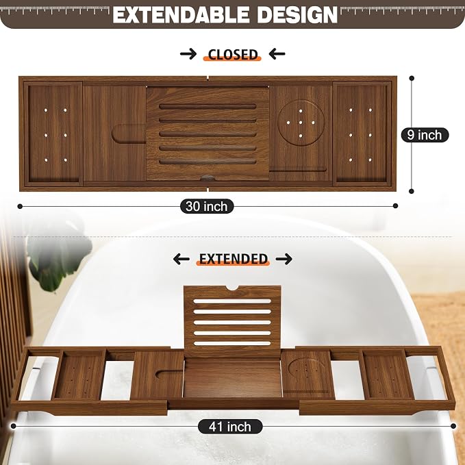 Expandable Solid Teak Wood Bathtub Caddy Tray, Adjustable Bath Tub Organizer for Bathroom Spa, Luxury Bath Accessories (Dark Natural Teak, Non‑Foldable Structure)