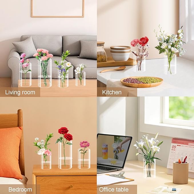 48 Pack Acrylic Cylinder Vases 4,6,8 10 Inch Tall Clear Acrylic Flower Vase Bulk Floating Candle Holders Cylinder Plastic Vases for Centerpiece Table Wedding Home