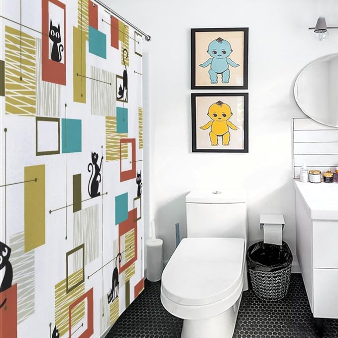 Mid Century Shower Curtain for Bathroom, Modern Black Cat Abstract Atomic Geometric Pattern Lovely Kittey Retro 1950s 1960s Waterproof Fabric Shower Curtain Set with Hooks72 x84 Inch