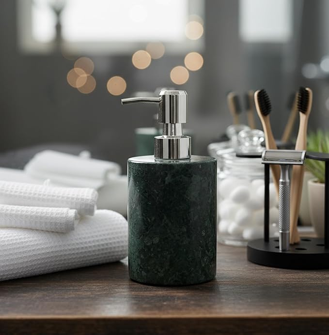 KLEO Soap/Lotion Dispenser - Made of Natural Stone in Green Color - Luxury Bathroom Accessories Bath Set (Green)