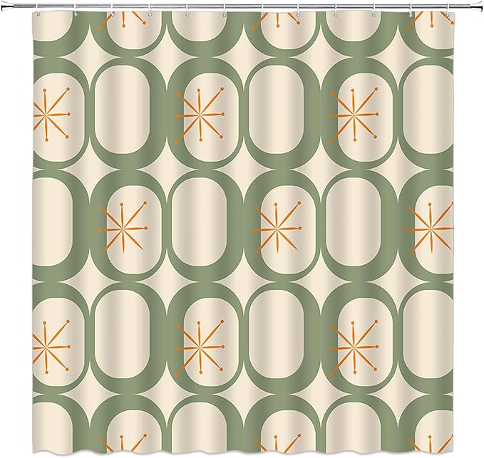 Mid Century Shower Curtain Modern Abstract Atomic Starbursts Squares Retro 50s Geometric Bathroom Decor Polyester Curtains with Hooks