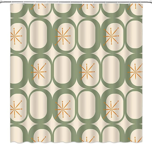 Mid Century Shower Curtain Modern Abstract Atomic Starbursts Squares Retro 50s Geometric Bathroom Decor Polyester Curtains with Hooks