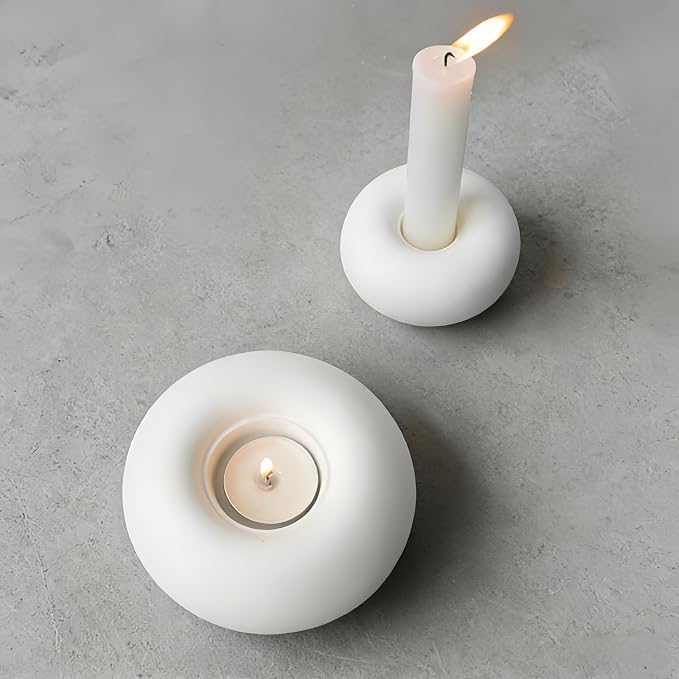 Nordic Minimalist White Ceramic Candle Holder - Round Modern Tealight Holder, Elegant Dinner Table Centerpiece Decor for Living Room, Bedroom, Wedding, Bathroom (4.1x2.4 Inch) (White)