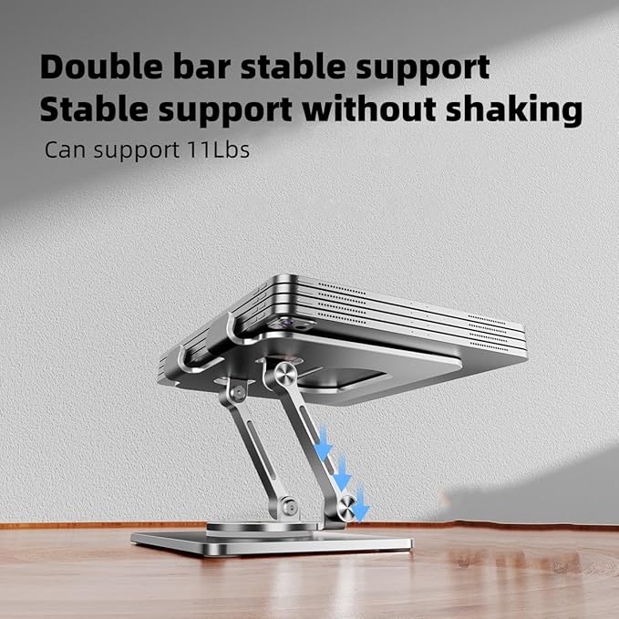 iPad Holder Stand, Tablet Holder with Thickened 360° Rotating Base Dual Rod Adjustable Aluminum Stand for All 4-12.9’’ iPad Surface Samsung Phone Tablet Kindle E-Reader and More, Silver