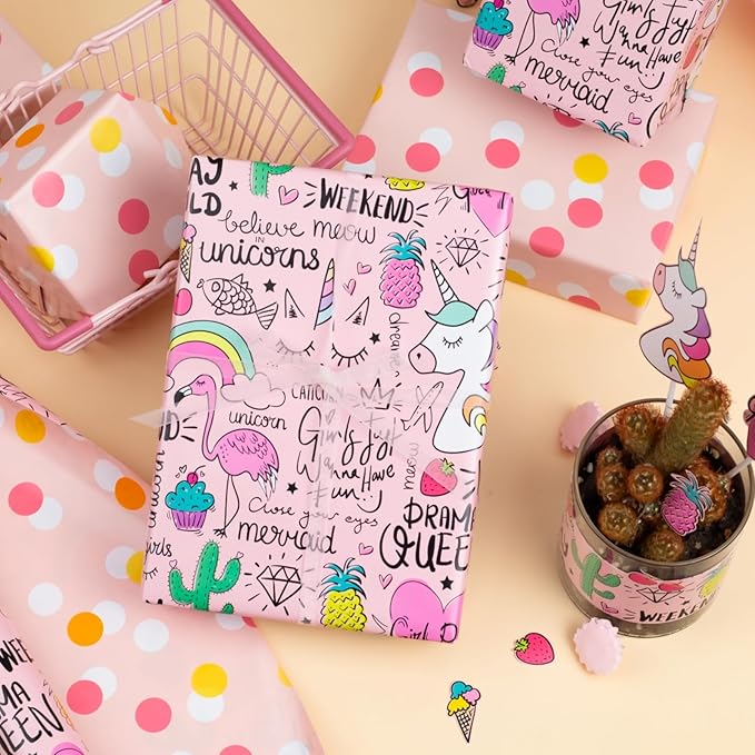 Burymento Pink Unicorn Wrapping Paper, Reversible Dot Design Gift Wrap for Birthday, Valentines, Mothers day, Graduation, Wedding, Fathers day, Baby Shower, Christmas (17 IN x 32.8 FT)