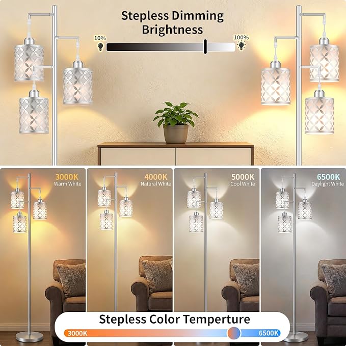 Dimmable Floor Lamp, Farmhouse Standing Lamp with Elegant Metal Cage, Industrial Tall Tree Floor Lamps for Living Room, Bedroom, Study Room, Office, 3 x 1100LM LED Bulbs Included,72",Silver