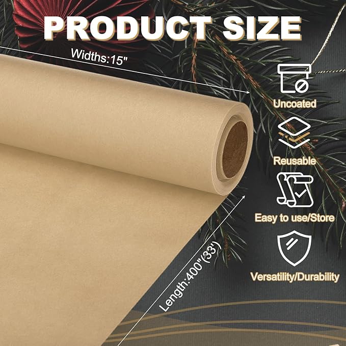 PATIKIL Wrapping Paper, 15"x400"(33') Bulletin Board Paper Roll Kraft Paper Roll Construction 80GSM for Shipping Packing Gift Wrapping Craft Flower Bouquet Christmas, Brown