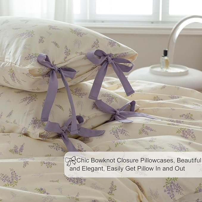 EAVD Garden Purple Floral Duvet Cover Full Girls Soft Cotton Chic Shabby Lavender Floral Print Bedding Set with 2 Pillowcases Vintage Botanical Duvet Cover with Zipper Closure
