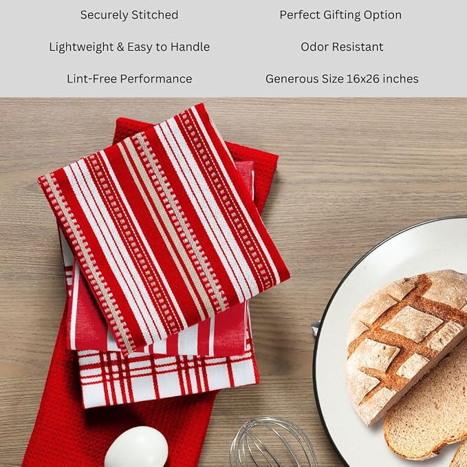 Assorted Kitchen Towels 100% Cotton Large 16x26 Inch Set of 5 - Soft Highly Absorbent Durable Reusable - Perfect for Drying Cleaning Everyday Kitchen Use - Quick Drying Dish Towels Red