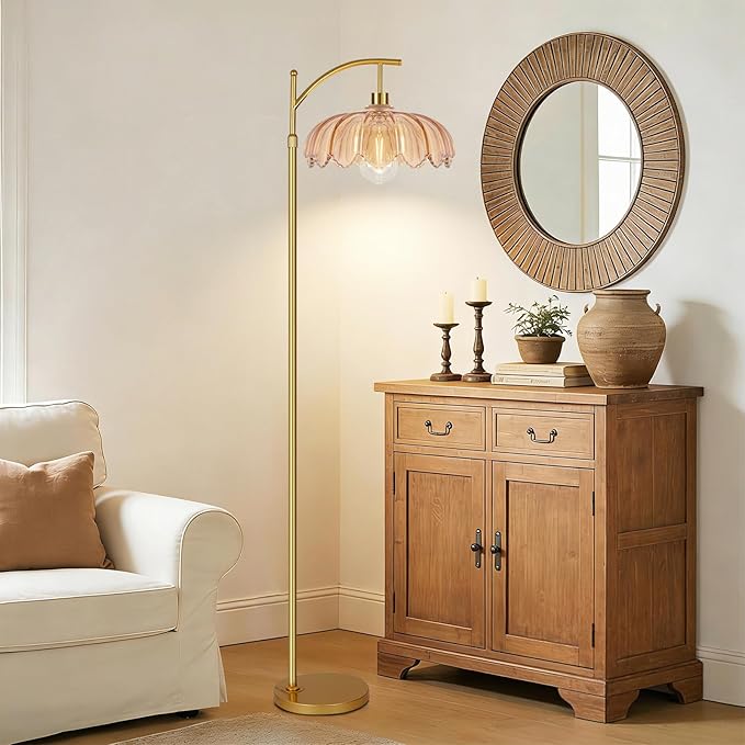 QIYIZM Glass Floor Lamp for Living Room,Bedroom,Gold Dimmable Standing Lamp with Remote,Mid Century Modern Brass Tall Lamp Boho Floor Lamps Arc Stained Flower Floor Light Lamp Bohemian