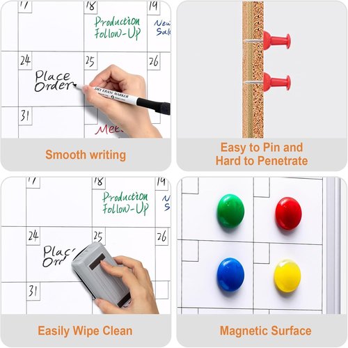 Comix Dry Erase Calendar | 24x18 Inch Whiteboard & Corkboard Combo with Aluminum Frame & Markers