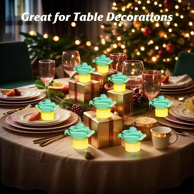 12 Pack LED Tea Lights Candles with Artificial Rose Petals, Flameless Battery Operated Candles,Romantic Decorations Special Night Set for Valentines,Wedding Decor (Green, 12 Pack)
