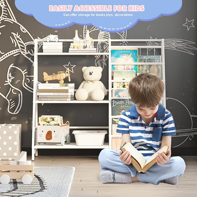 NACHES Kids Bookshelf & Toy Storage Organizer, 5-Tier Sling Pockets Toddler Bookcase with 4 Toy Bins for Playroom, Nursery & Kids Room (White)