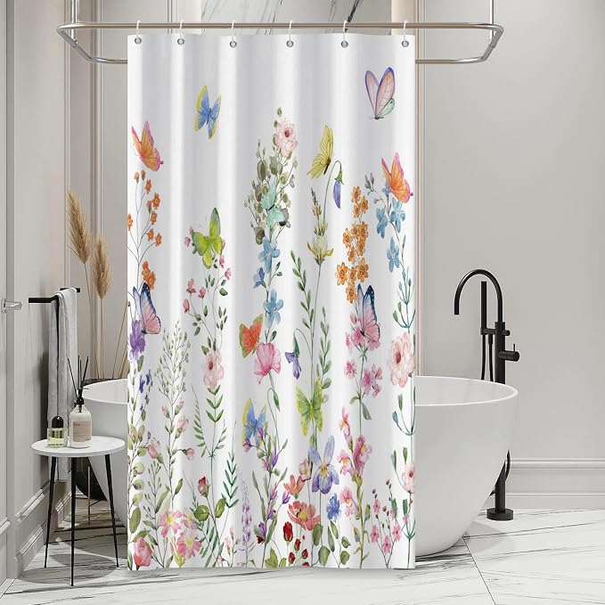 Spring Floral Butterfly Shower Curtain Summer Colorful Wildflowers Botanical Shower Curtain for Rustic Vintage Bathroom Decor Easter Shower Curtain Set 54x78 Inches