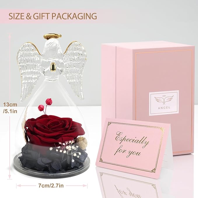 Yamonic Mom Birthday Gifts for Women,Glass Angel Figurines Real Rose Gifts for Grandma,Preserved Roses Forever Flower for Christmas Mothers Day Wife Anniversary Valentine's Day Gifts for Her(WineRed)
