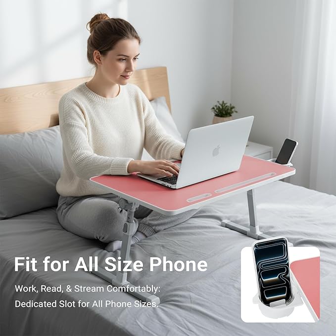 iXTRA Laptop Lap Desk with Cooling Fan - Adjustable Bed Desk with Light, Bed Table with Cup Holder&Phone Holder - Storage Drawer Desk - Folding Bed Desk,Pink,70x45cm
