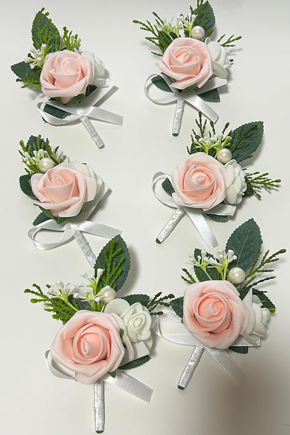 6PCS Blush Pink Boutonniere for Men,Coral Pink Boutonniere Pins for Men Groomsmen Guest Boutonniere, Artificial Flowers for Wedding Decor Prom Homecoming