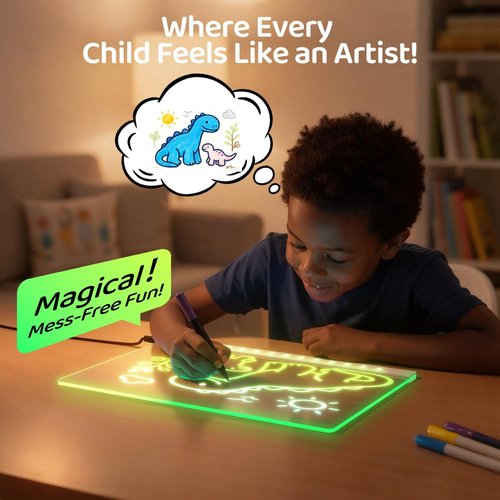 LED Drawing Board - 7 Colors & 3 Light Modes | Rechargeable Glow Doodle Board with 7 Markers & Tracing Book (7.9"x11.8")