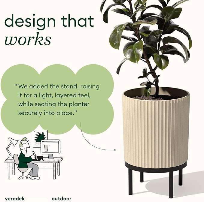 Veradek Demi Series Round Planter w/ Stand for Porch/Patio | Durable Plastic-Concrete & Wooden Stand | Modern Décor for Tall Plants, Flowers