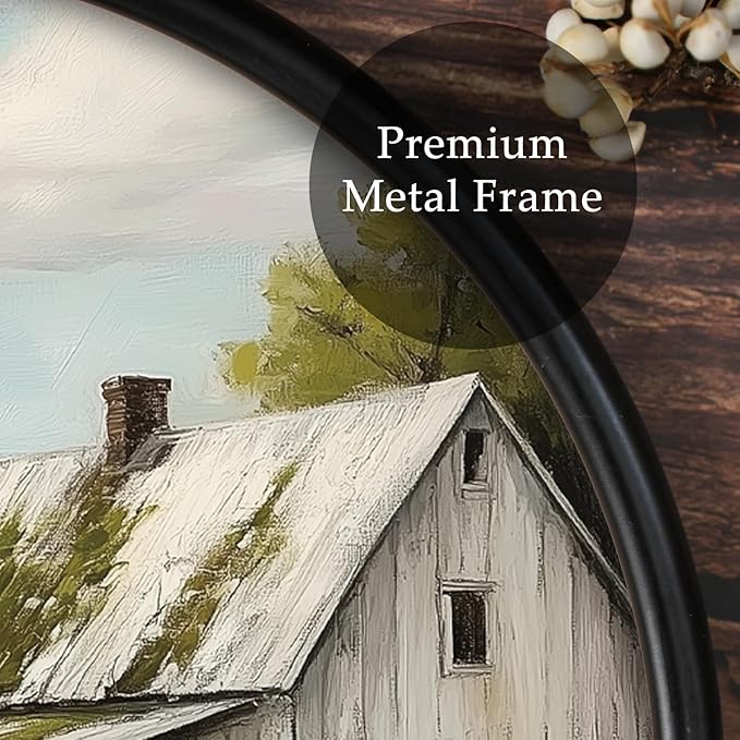 XIAOAIKA Round Vintage Wall Hanging Decor, Printed Textured Surface with Wood Back, Cottage Design, Black Metal Frame, Ready to Hang for Living Room Bedroom, 10 Inch