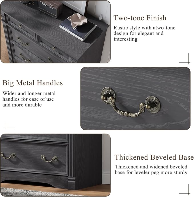 Grey Dresser for Bedroom, Farmhouse 6 Chest of Drawers, 47" Tall 6 Drawer Dresser Storage with Wood Pilasters and Metal Handles, Vintage Design, Drawer Organizer for Bedroom, Hallway