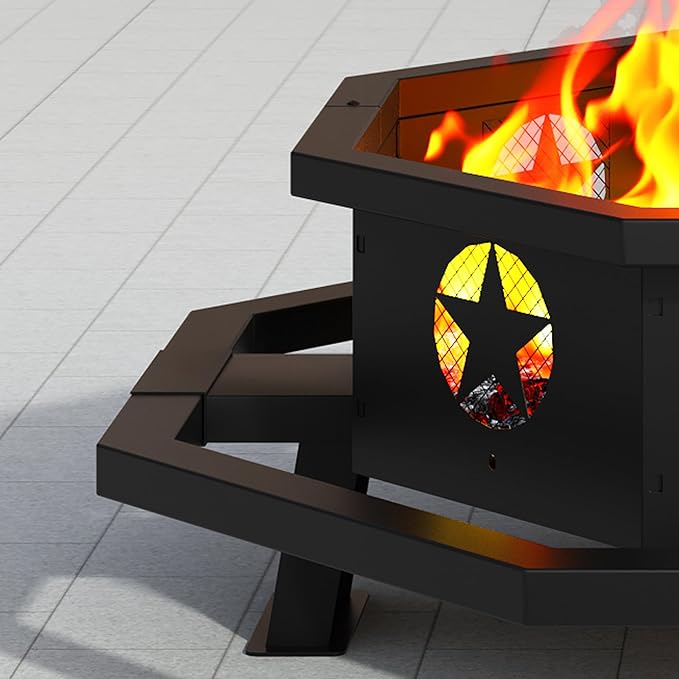 ZIENLIFE 45 Inch Fire Pit for Outside Wood Burning, Outdoor Octagonal Fire Pit with Poker, Large Firepit for Camping, Backyard, Patio, Black