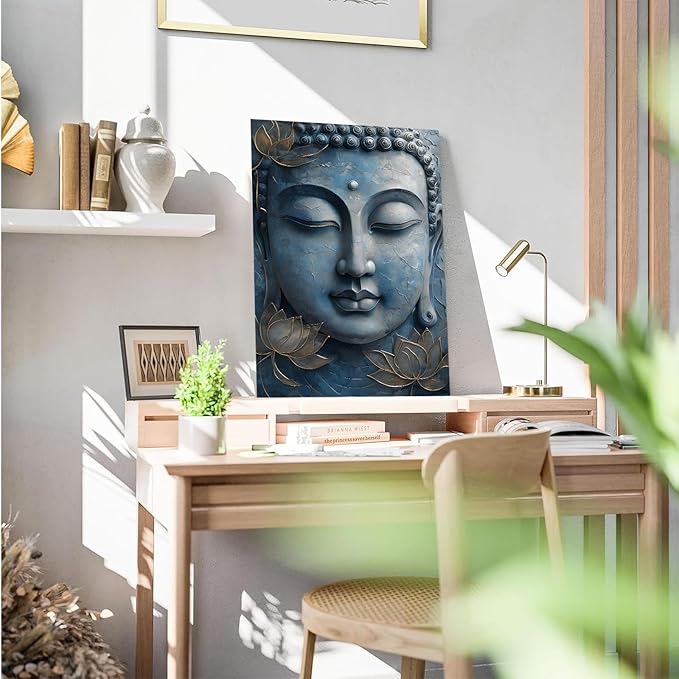 Canvas wall art Golden lotus crown Serene Buddha poster Ethereal blue toned art with delicate floral decor Zen wall art for a tranquil meditation space 12x18in Frameless