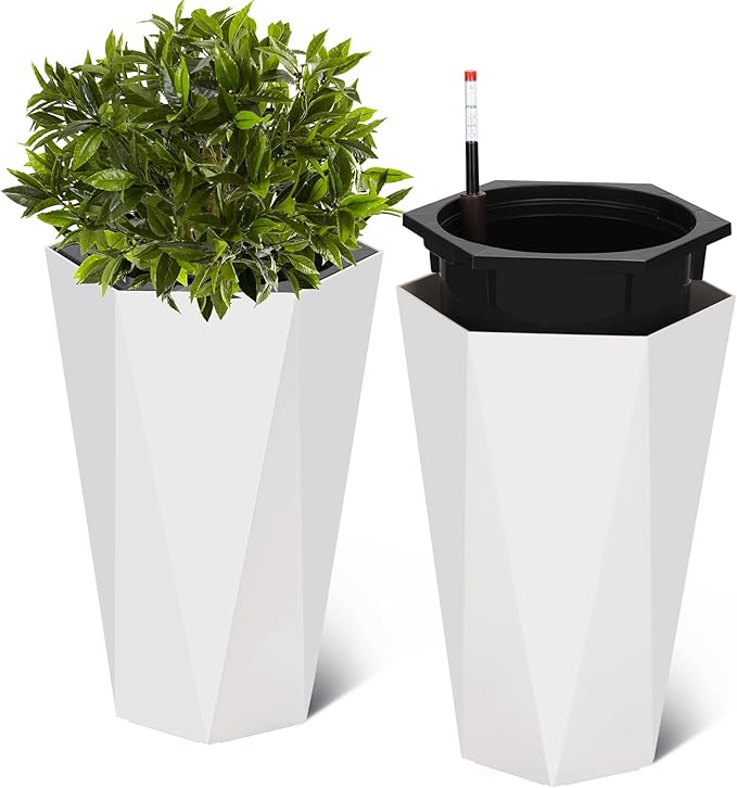22.4 Inch Tall Planters for Outdoor Indoor Plants Set of 2, Tapered Large Flower Pots with 2 Trays and a Water Level Monitor with Wheels Planter Pots, Plant Pot for Patio, Balcony, Lounge
