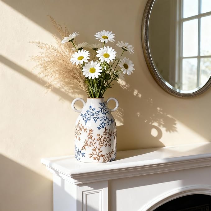 Rustic Blue Ceramic Vase with Handle, Nordic Boho Small Vases Side Table Flower Centerpiece, Wide Mouth Single Flower Vase Pampas Grass Decorative - for Home Window Sill Living Dining Room Kitchen