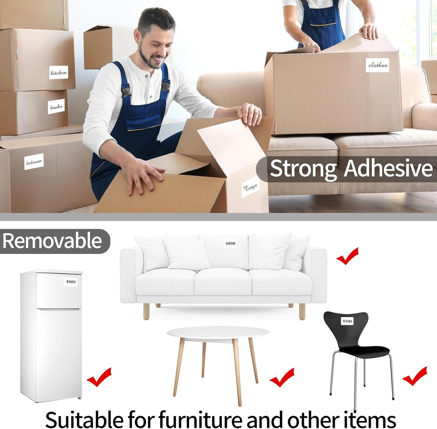 STARLIBOO Removable Large Label Stickers - 3x5 Inch Waterproof & Tear Resistant for Moving Boxes | White