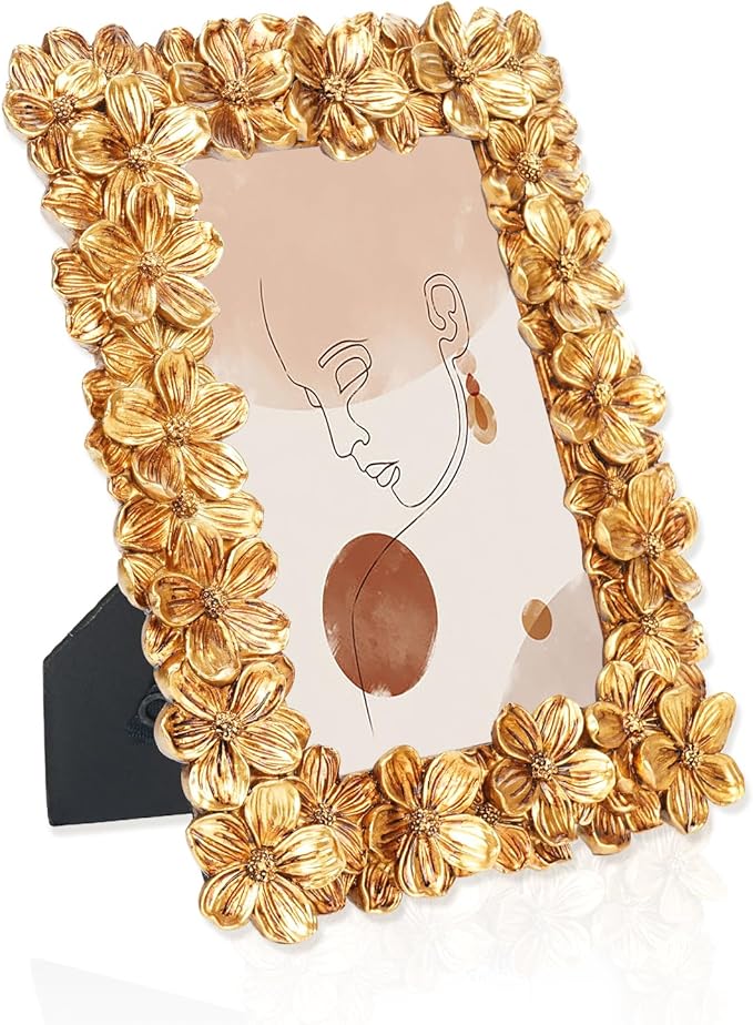 Floral Photo Frame 4x6, Gold Vintage Picture Frames with Carved Flower, Resin Picture Frame with Glass Front, Photos Display for Tabletop or Wall Hanging, Ornate Handmade Photo Frames, Gift Ideas