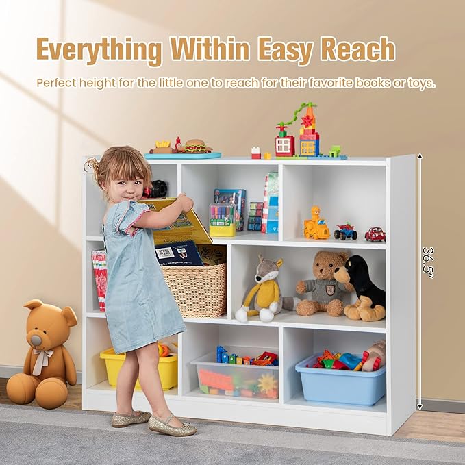 Costzon 3-Shelf Bookcase for Kids, Wooden Toy Storage Organizer for Books Toys, 8-Section Freestanding Classroom Daycare Montessori Bookshelf for Preschool, Home Playroom & Kindergarten (White)