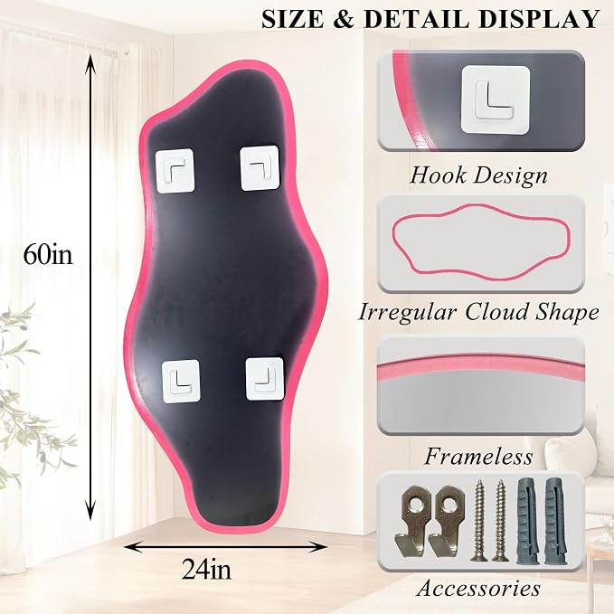 Large Irregular Mirror, 60"x24" Pink Asymmetrical Tempered Glass Mirror, Modern Organic Shape Frameless Mirrors for Entryway Hallway Bedroom Living Room, Horizontal or Vertical Hanging