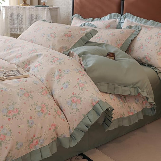 Green Ruffle Duvet Cover Twin Girls Cute Flower Bedding Set Twin 100% Cotton Romantic Lace Comforter Cover for Teen Girls Vintage Floral Botanical Duvet Cover Aesthetic Princess Lace Bedding Set